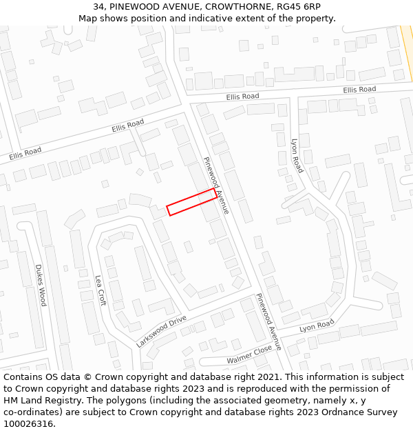 34, PINEWOOD AVENUE, CROWTHORNE, RG45 6RP: Location map and indicative extent of plot