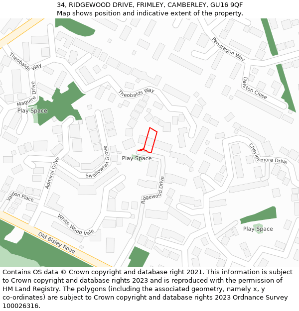 34, RIDGEWOOD DRIVE, FRIMLEY, CAMBERLEY, GU16 9QF: Location map and indicative extent of plot