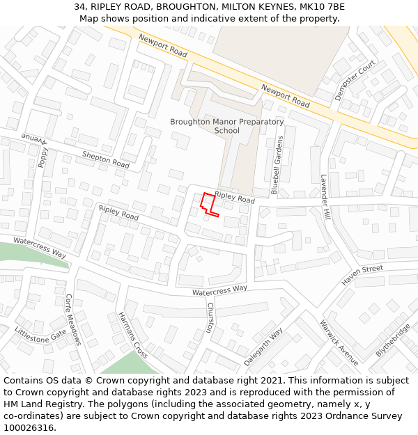 34, RIPLEY ROAD, BROUGHTON, MILTON KEYNES, MK10 7BE: Location map and indicative extent of plot