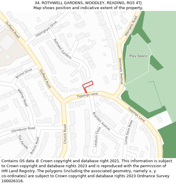 34, ROTHWELL GARDENS, WOODLEY, READING, RG5 4TJ: Location map and indicative extent of plot