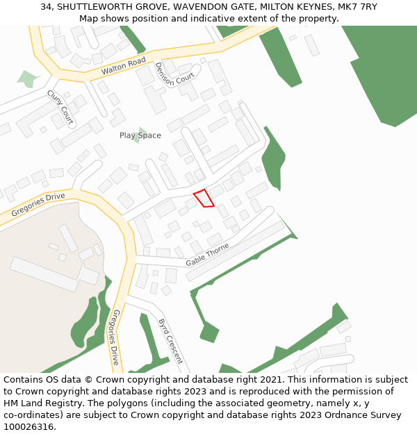 34, SHUTTLEWORTH GROVE, WAVENDON GATE, MILTON KEYNES, MK7 7RY: Location map and indicative extent of plot