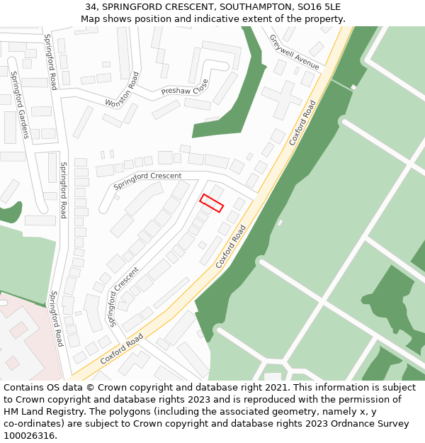 34, SPRINGFORD CRESCENT, SOUTHAMPTON, SO16 5LE: Location map and indicative extent of plot