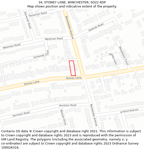 34, STONEY LANE, WINCHESTER, SO22 6DP: Location map and indicative extent of plot