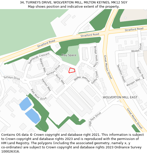 34, TURNEYS DRIVE, WOLVERTON MILL, MILTON KEYNES, MK12 5GY: Location map and indicative extent of plot