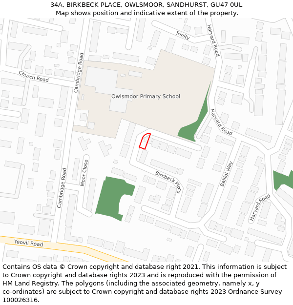 34A, BIRKBECK PLACE, OWLSMOOR, SANDHURST, GU47 0UL: Location map and indicative extent of plot