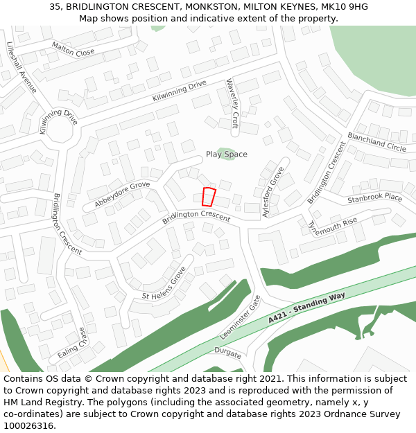 35, BRIDLINGTON CRESCENT, MONKSTON, MILTON KEYNES, MK10 9HG: Location map and indicative extent of plot
