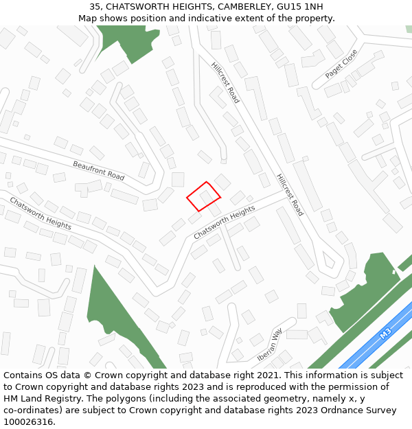 35, CHATSWORTH HEIGHTS, CAMBERLEY, GU15 1NH: Location map and indicative extent of plot