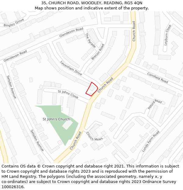 35, CHURCH ROAD, WOODLEY, READING, RG5 4QN: Location map and indicative extent of plot