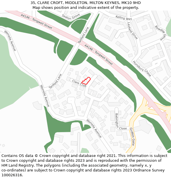 35, CLARE CROFT, MIDDLETON, MILTON KEYNES, MK10 9HD: Location map and indicative extent of plot