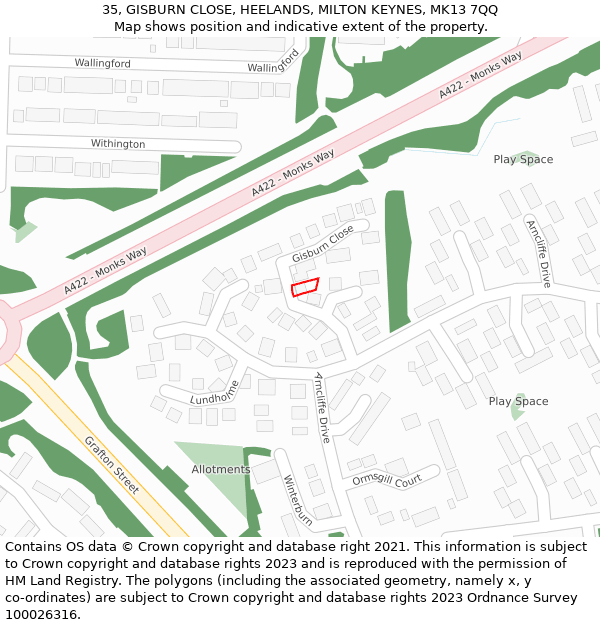 35, GISBURN CLOSE, HEELANDS, MILTON KEYNES, MK13 7QQ: Location map and indicative extent of plot