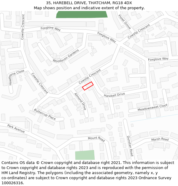 35, HAREBELL DRIVE, THATCHAM, RG18 4DX: Location map and indicative extent of plot