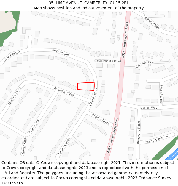 35, LIME AVENUE, CAMBERLEY, GU15 2BH: Location map and indicative extent of plot