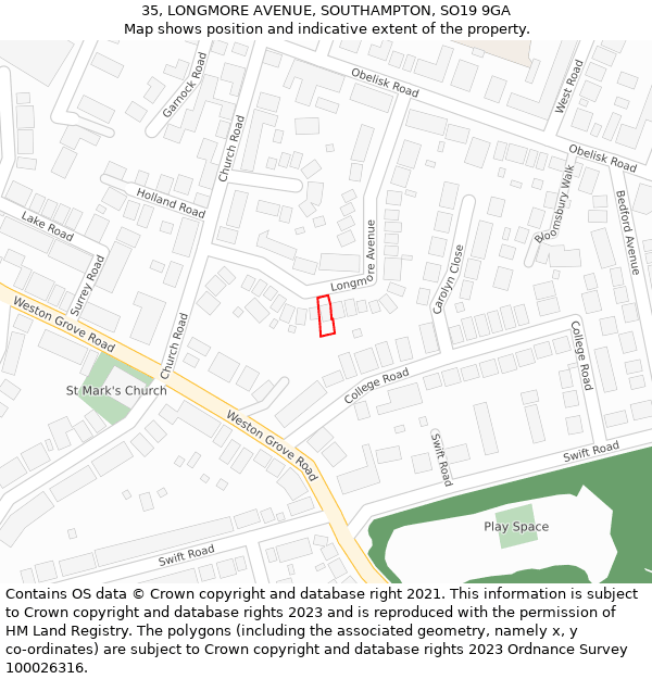 35, LONGMORE AVENUE, SOUTHAMPTON, SO19 9GA: Location map and indicative extent of plot