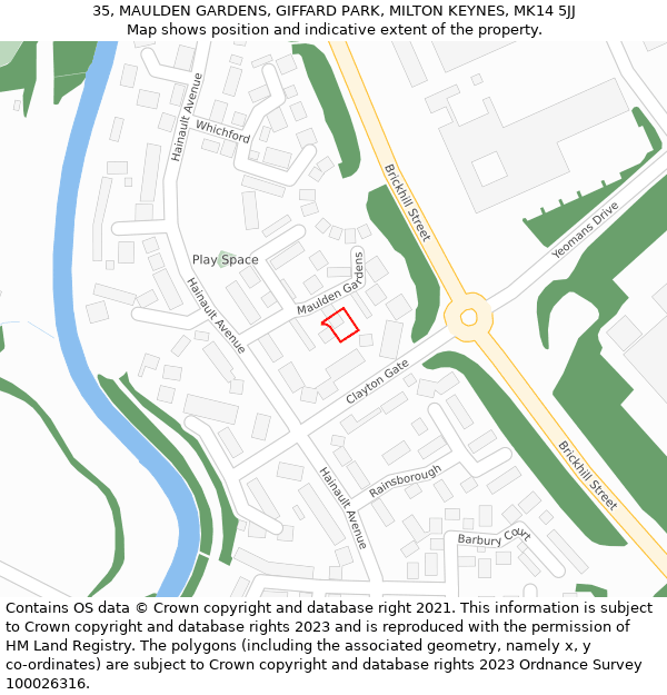 35, MAULDEN GARDENS, GIFFARD PARK, MILTON KEYNES, MK14 5JJ: Location map and indicative extent of plot