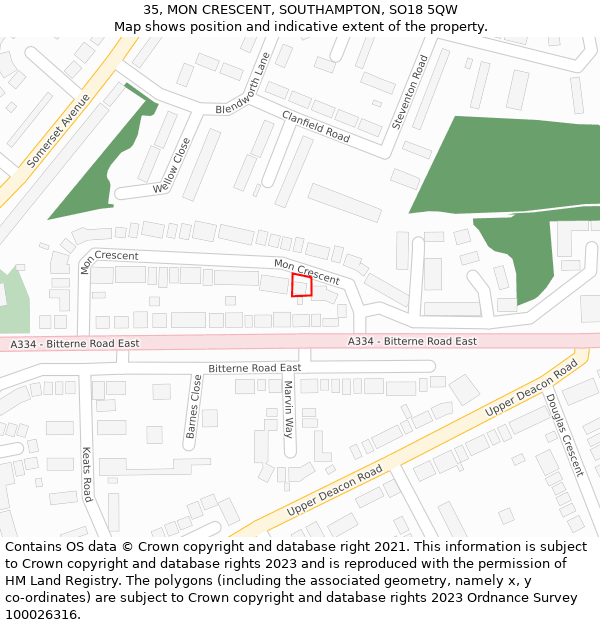 35, MON CRESCENT, SOUTHAMPTON, SO18 5QW: Location map and indicative extent of plot