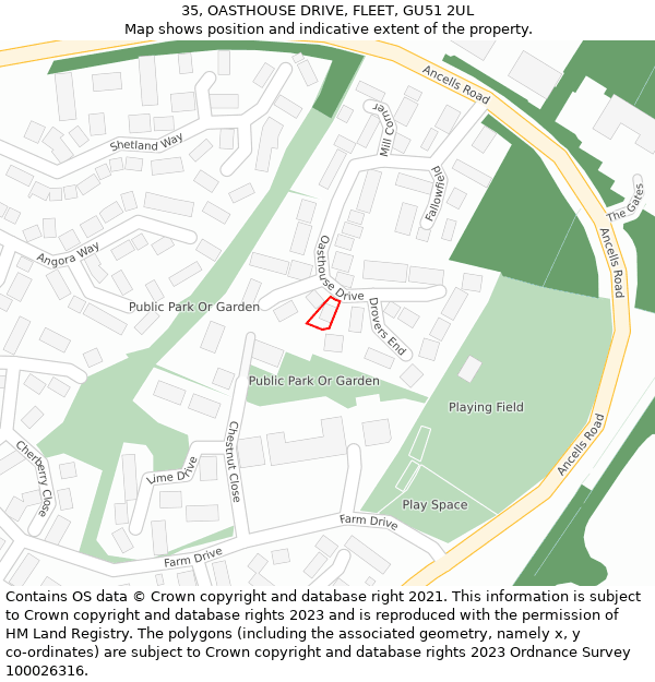 35, OASTHOUSE DRIVE, FLEET, GU51 2UL: Location map and indicative extent of plot