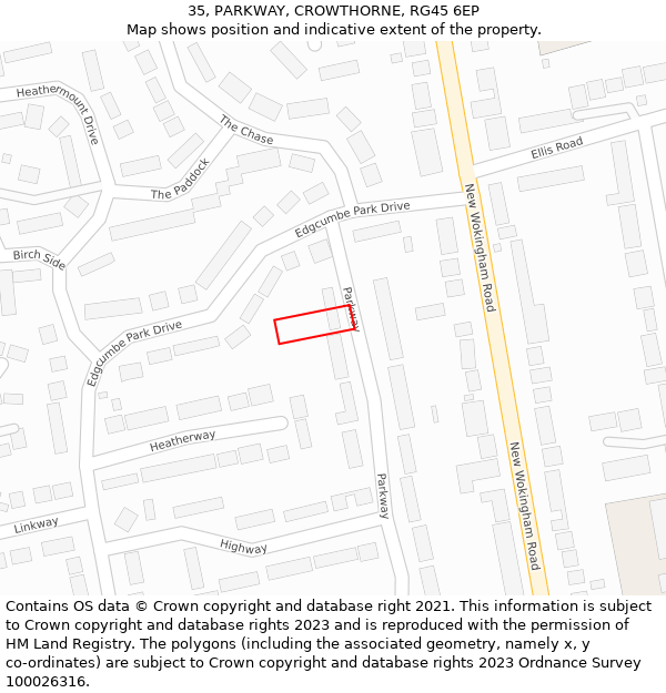 35, PARKWAY, CROWTHORNE, RG45 6EP: Location map and indicative extent of plot