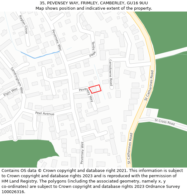 35, PEVENSEY WAY, FRIMLEY, CAMBERLEY, GU16 9UU: Location map and indicative extent of plot