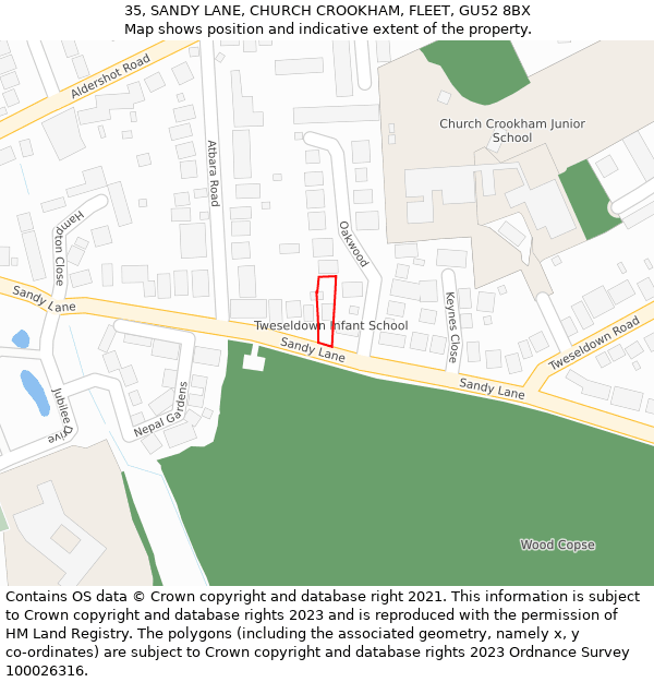 35, SANDY LANE, CHURCH CROOKHAM, FLEET, GU52 8BX: Location map and indicative extent of plot