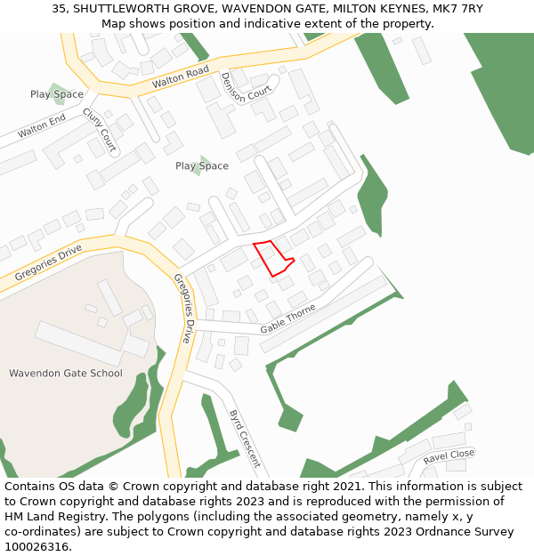 35, SHUTTLEWORTH GROVE, WAVENDON GATE, MILTON KEYNES, MK7 7RY: Location map and indicative extent of plot