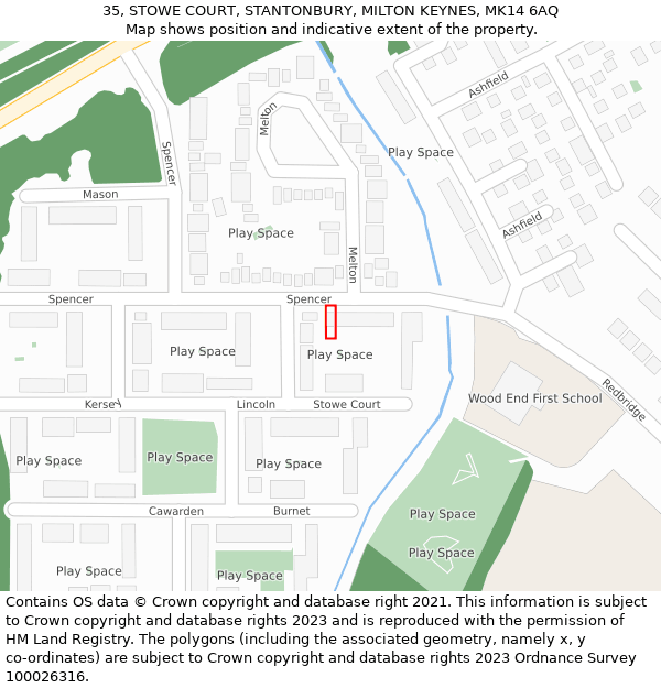 35, STOWE COURT, STANTONBURY, MILTON KEYNES, MK14 6AQ: Location map and indicative extent of plot