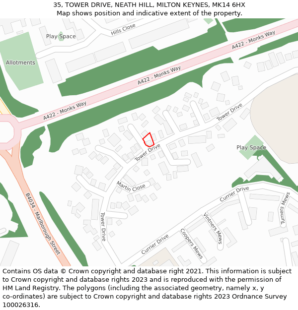 35, TOWER DRIVE, NEATH HILL, MILTON KEYNES, MK14 6HX: Location map and indicative extent of plot