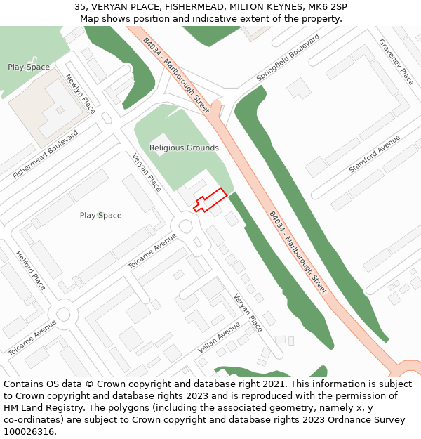 35, VERYAN PLACE, FISHERMEAD, MILTON KEYNES, MK6 2SP: Location map and indicative extent of plot