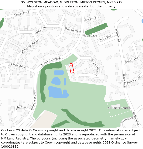 35, WOLSTON MEADOW, MIDDLETON, MILTON KEYNES, MK10 9AY: Location map and indicative extent of plot