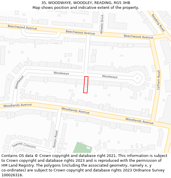 35, WOODWAYE, WOODLEY, READING, RG5 3HB: Location map and indicative extent of plot