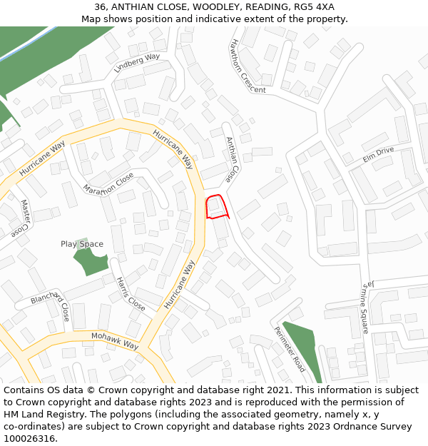 36, ANTHIAN CLOSE, WOODLEY, READING, RG5 4XA: Location map and indicative extent of plot