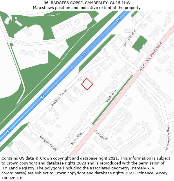 36, BADGERS COPSE, CAMBERLEY, GU15 1HW: Location map and indicative extent of plot