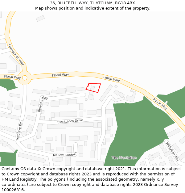 36, BLUEBELL WAY, THATCHAM, RG18 4BX: Location map and indicative extent of plot