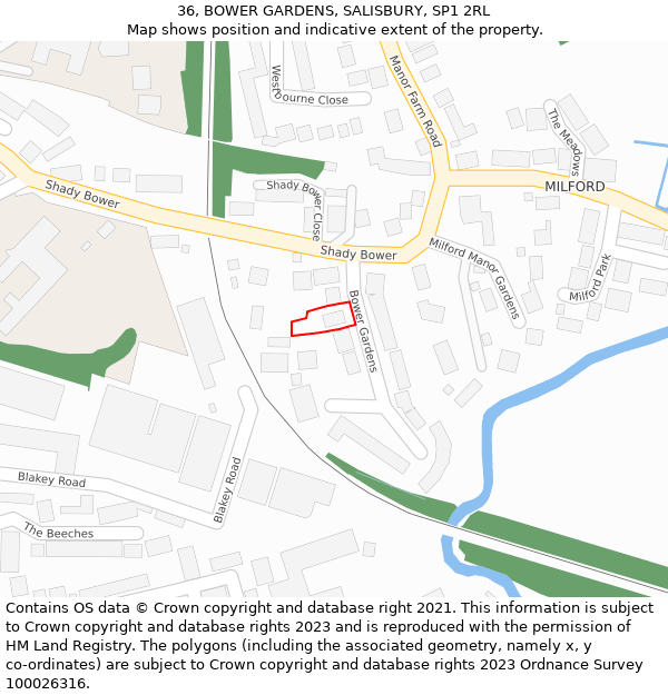 36, BOWER GARDENS, SALISBURY, SP1 2RL: Location map and indicative extent of plot