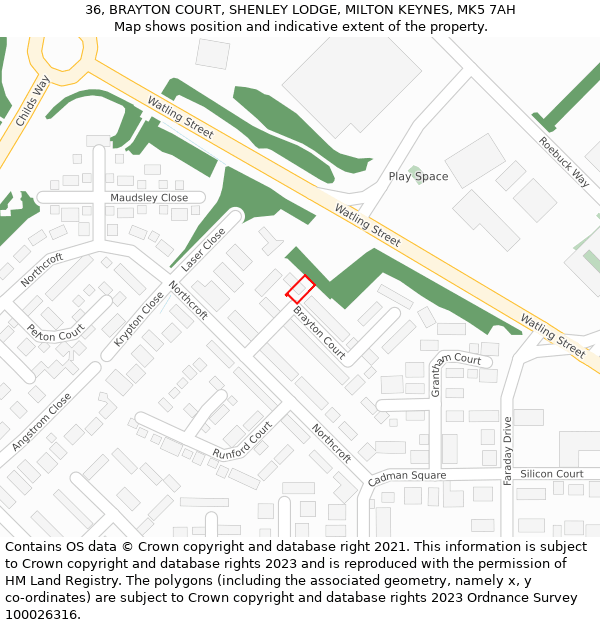 36, BRAYTON COURT, SHENLEY LODGE, MILTON KEYNES, MK5 7AH: Location map and indicative extent of plot