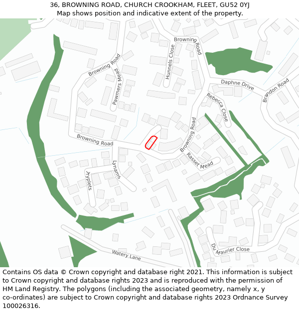 36, BROWNING ROAD, CHURCH CROOKHAM, FLEET, GU52 0YJ: Location map and indicative extent of plot