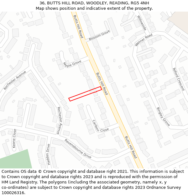 36, BUTTS HILL ROAD, WOODLEY, READING, RG5 4NH: Location map and indicative extent of plot