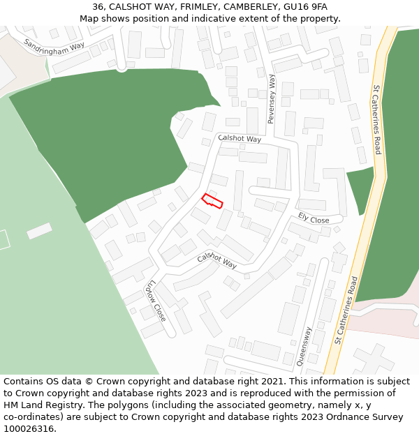 36, CALSHOT WAY, FRIMLEY, CAMBERLEY, GU16 9FA: Location map and indicative extent of plot