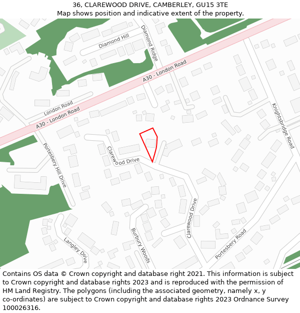 36, CLAREWOOD DRIVE, CAMBERLEY, GU15 3TE: Location map and indicative extent of plot