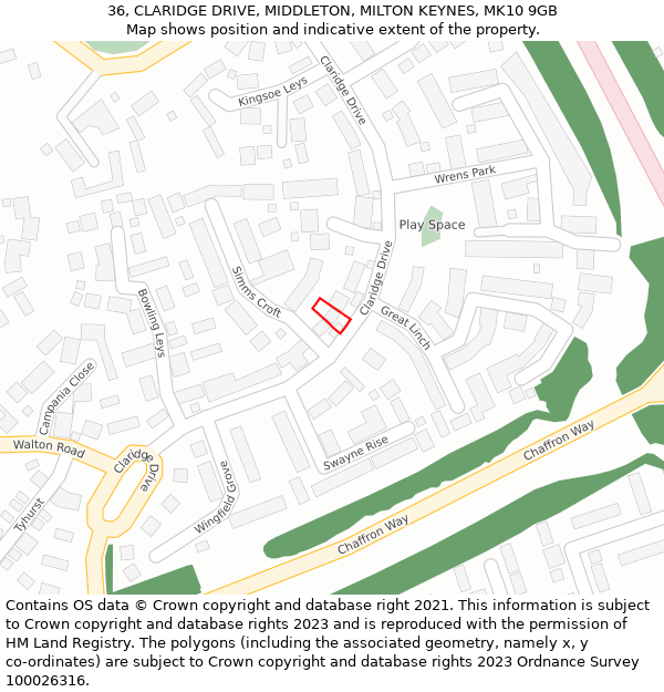 36, CLARIDGE DRIVE, MIDDLETON, MILTON KEYNES, MK10 9GB: Location map and indicative extent of plot