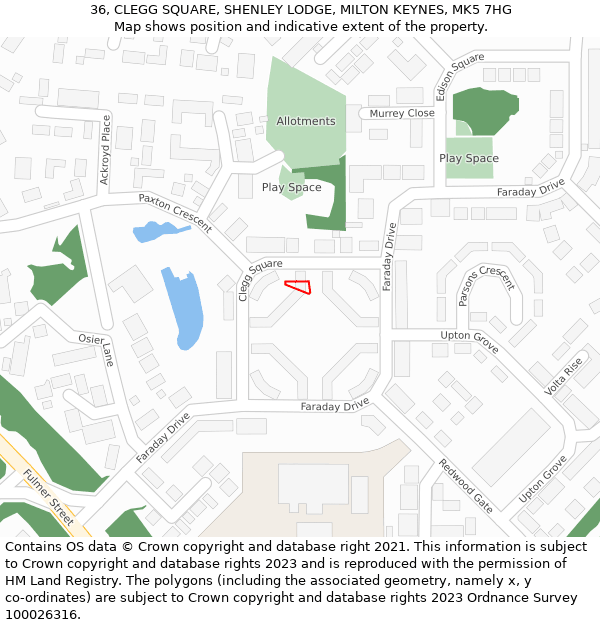 36, CLEGG SQUARE, SHENLEY LODGE, MILTON KEYNES, MK5 7HG: Location map and indicative extent of plot