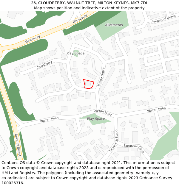 36, CLOUDBERRY, WALNUT TREE, MILTON KEYNES, MK7 7DL: Location map and indicative extent of plot