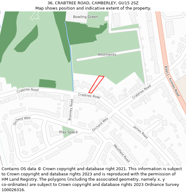 36, CRABTREE ROAD, CAMBERLEY, GU15 2SZ: Location map and indicative extent of plot