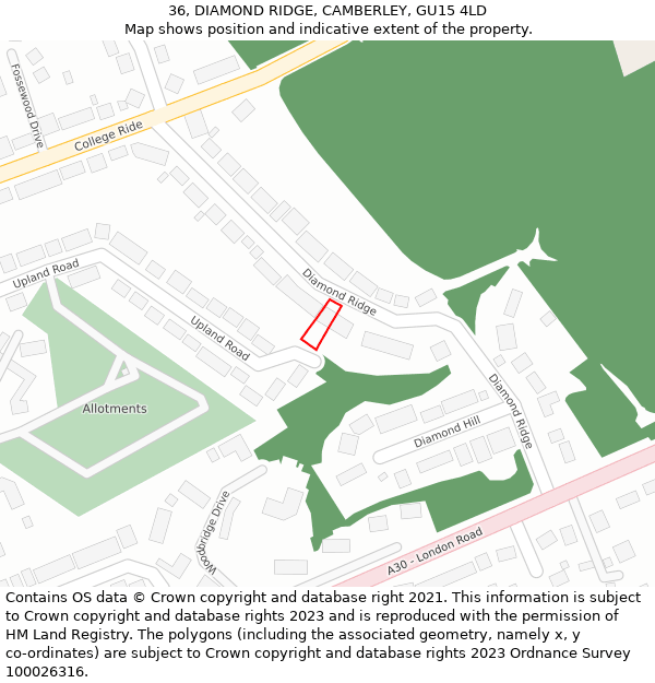 36, DIAMOND RIDGE, CAMBERLEY, GU15 4LD: Location map and indicative extent of plot