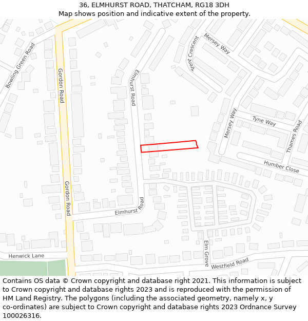 36, ELMHURST ROAD, THATCHAM, RG18 3DH: Location map and indicative extent of plot