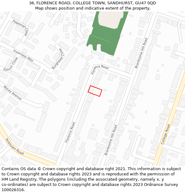 36, FLORENCE ROAD, COLLEGE TOWN, SANDHURST, GU47 0QD: Location map and indicative extent of plot