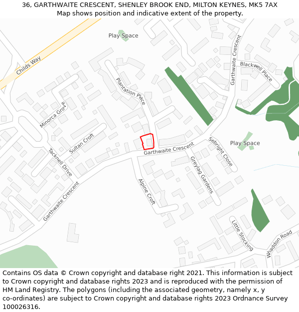 36, GARTHWAITE CRESCENT, SHENLEY BROOK END, MILTON KEYNES, MK5 7AX: Location map and indicative extent of plot