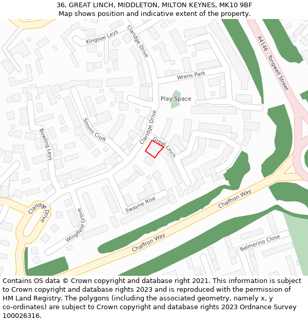 36, GREAT LINCH, MIDDLETON, MILTON KEYNES, MK10 9BF: Location map and indicative extent of plot