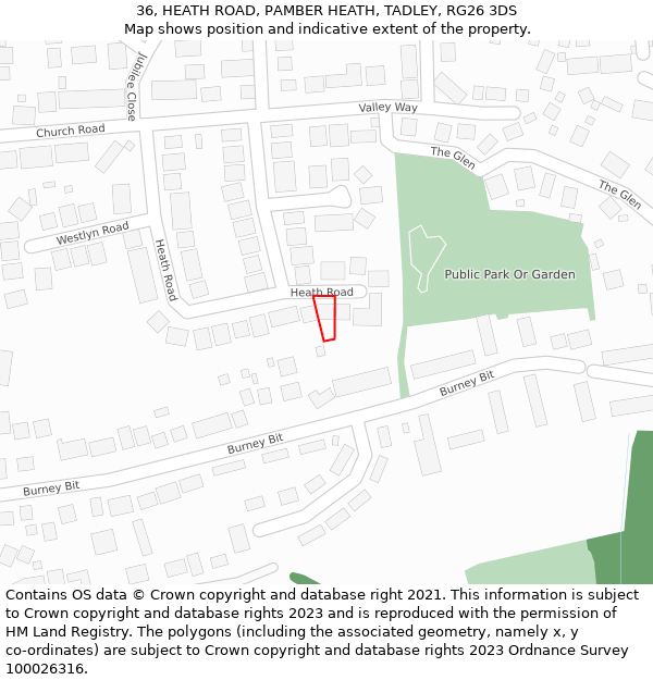36, HEATH ROAD, PAMBER HEATH, TADLEY, RG26 3DS: Location map and indicative extent of plot