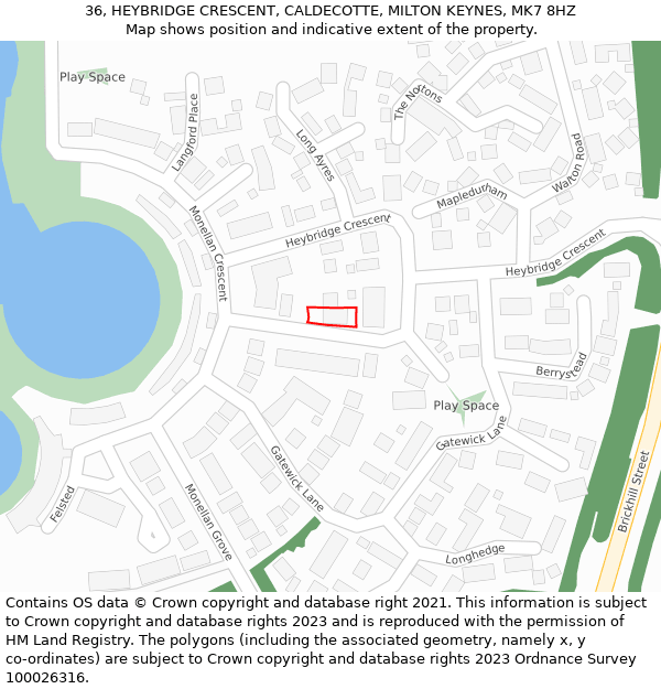 36, HEYBRIDGE CRESCENT, CALDECOTTE, MILTON KEYNES, MK7 8HZ: Location map and indicative extent of plot