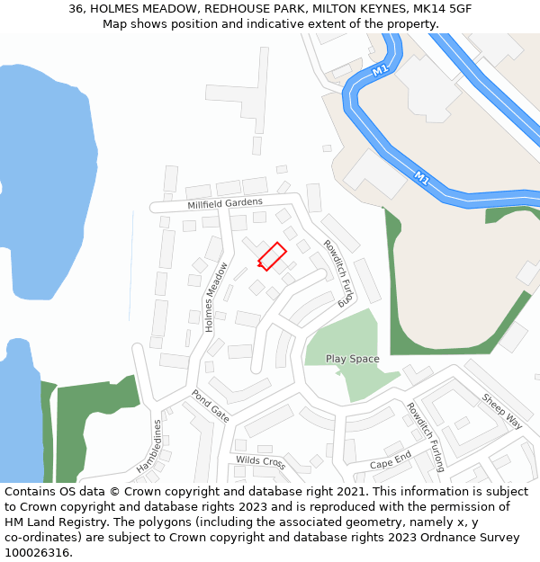 36, HOLMES MEADOW, REDHOUSE PARK, MILTON KEYNES, MK14 5GF: Location map and indicative extent of plot